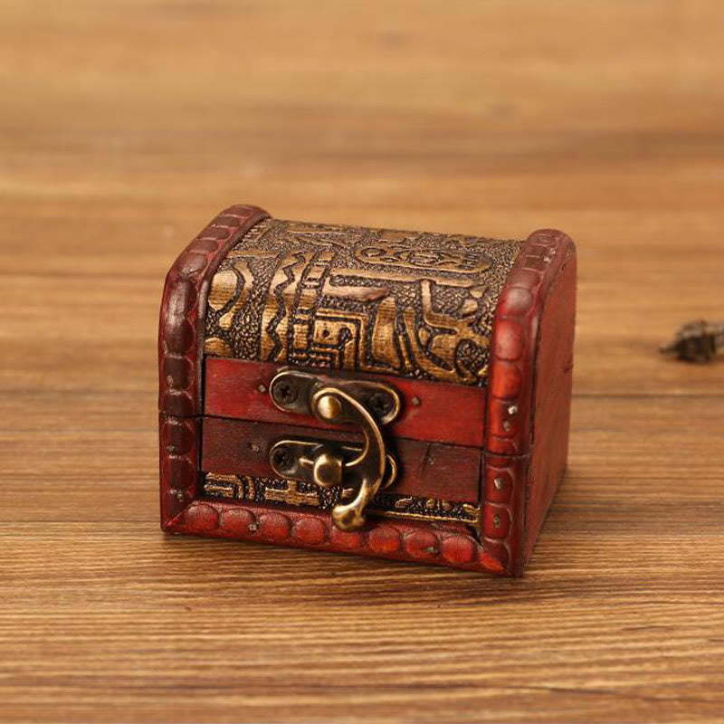 Buddha Stones Retro Small Wood Jewelry Box Lotus Golden Grape Copper Coin Daffodil Grass Flower Jewelry Storage Box Jewelry Box BS Ancient Egyptian 8*6.5*6cm