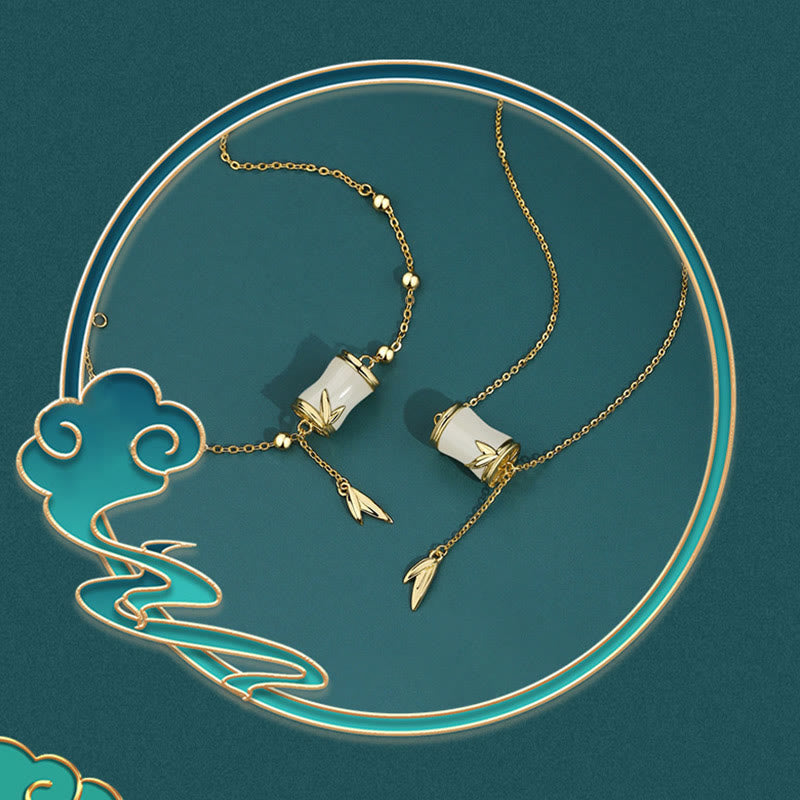 Buddha Stones 925 Sterling Silver 22K Gold Hetian White Jade Bamboo Leaf Luck Necklace Pendant Bracelet Bracelet Necklaces & Pendants BS 7