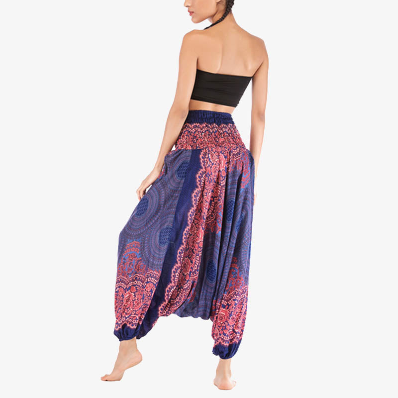Buddha Stones Two Style Wear Round Geometric Pattern Loose Smocked Harem Trousers Jumpsuit High Waist Women's Yoga Pants Harem Pants&Bodysuit BS 13