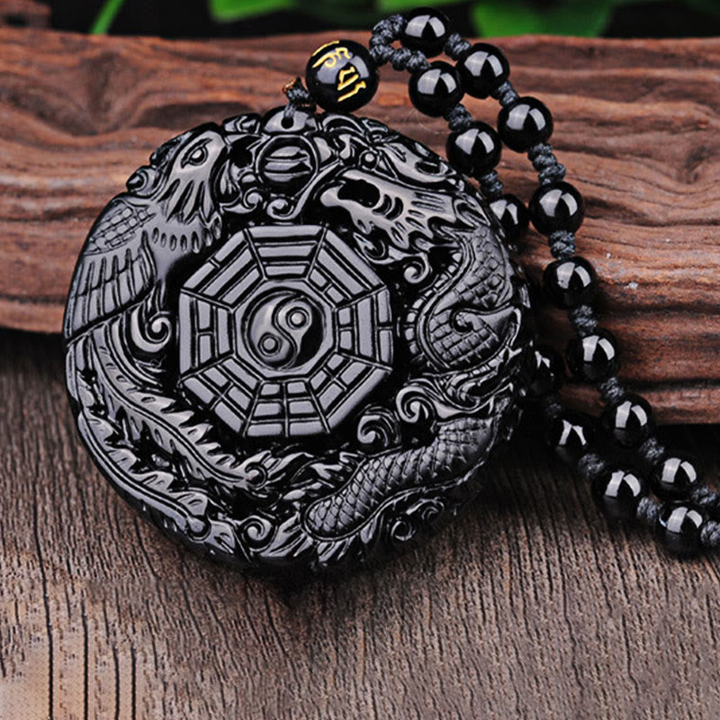 Collier pendentif Foviel Bagua Dragon Phénix en obsidienne
