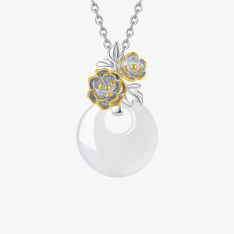 Buddha Stones 925 Sterling Silver Round Chalcedony Twelve Months Flower Harmony Necklace Pendant Necklaces & Pendants BS Peony
