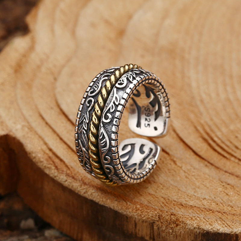 Buddha Stones 925 Sterling Silver Tang Dynasty Flower Design Luck Adjustable Ring Ring BS Adjustable
