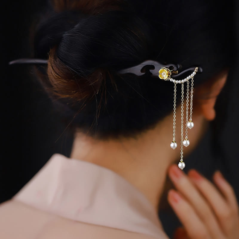 Buddha Stones Ebony Wood Yellow Flower Pearl Tassels Hairpin Hairpin BS 5