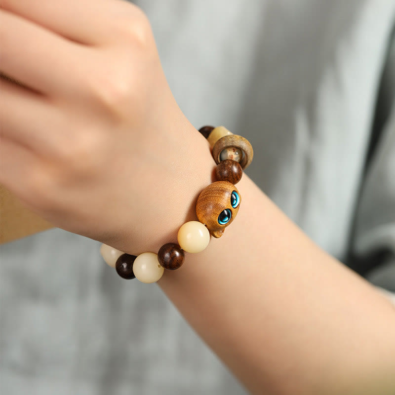 Buddha Stones Natural Bodhi Seed Sandalwood Lucky Cute Cat Head Paw Claw Peace Bracelet Bracelet BS 8