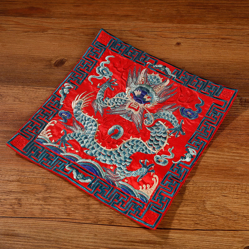 Buddha Stones Crane Phoenix Dragon Kirin Embroidered Cup Mat Pad Tea Cup Coaster Square Kung Fu Tea Mat Tea Mat BS Red Green Dragon