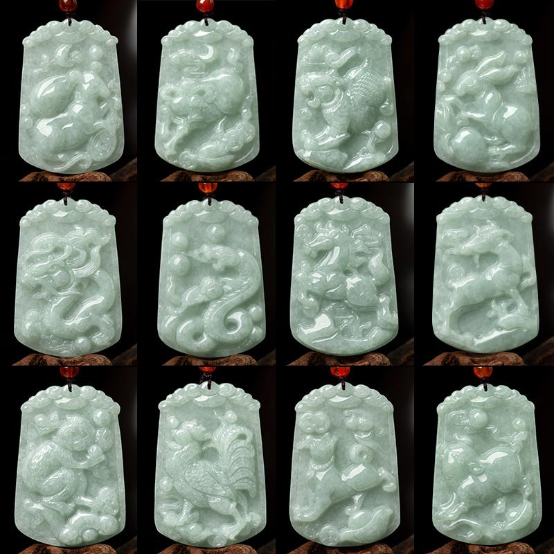 Foviel Natural Jade 12 Chinese Zodiac Abundance Amulet Pendant Necklace