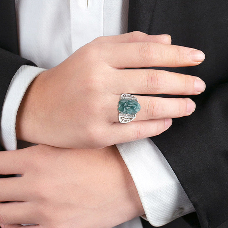Buddha Stones 925 Sterling Silver Fengshui Wealth Prosperity Jade PiXiu Luck Ring Ring BS 7