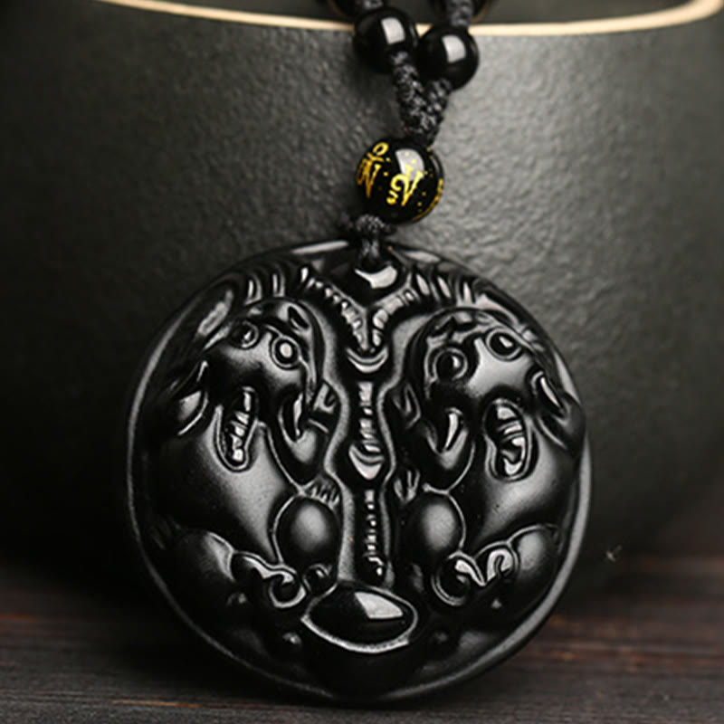 Buddha Stones Black Obsidian Double Pixiu Bead Rope Purification Necklace Pendant Necklaces & Pendants BS 2