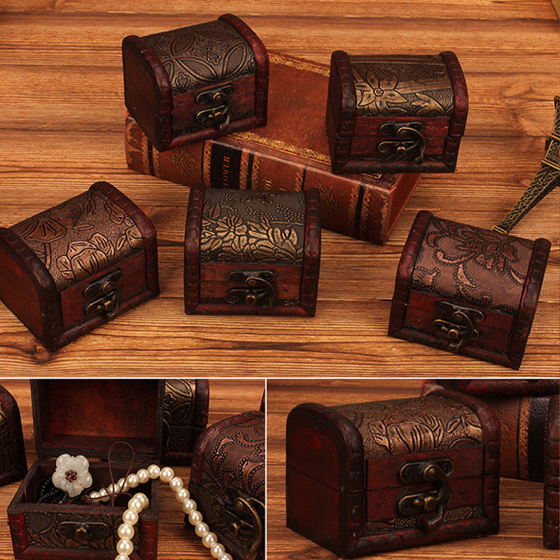 Buddha Stones Retro Small Wood Jewelry Box Lotus Golden Grape Copper Coin Daffodil Grass Flower Jewelry Storage Box Jewelry Box BS 14