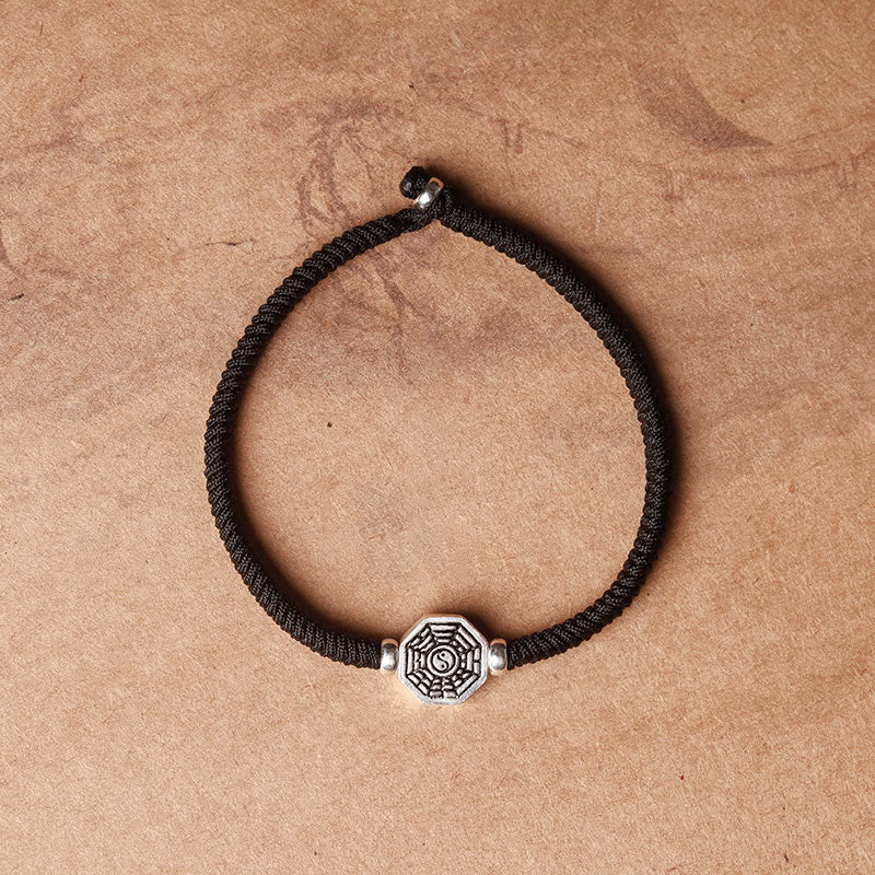 Buddha Stones 925 Sterling Silver Yin Yang Bagua Symbol Cinnabar String Concentration Bracelet Bracelet BS Black Rope 23cm