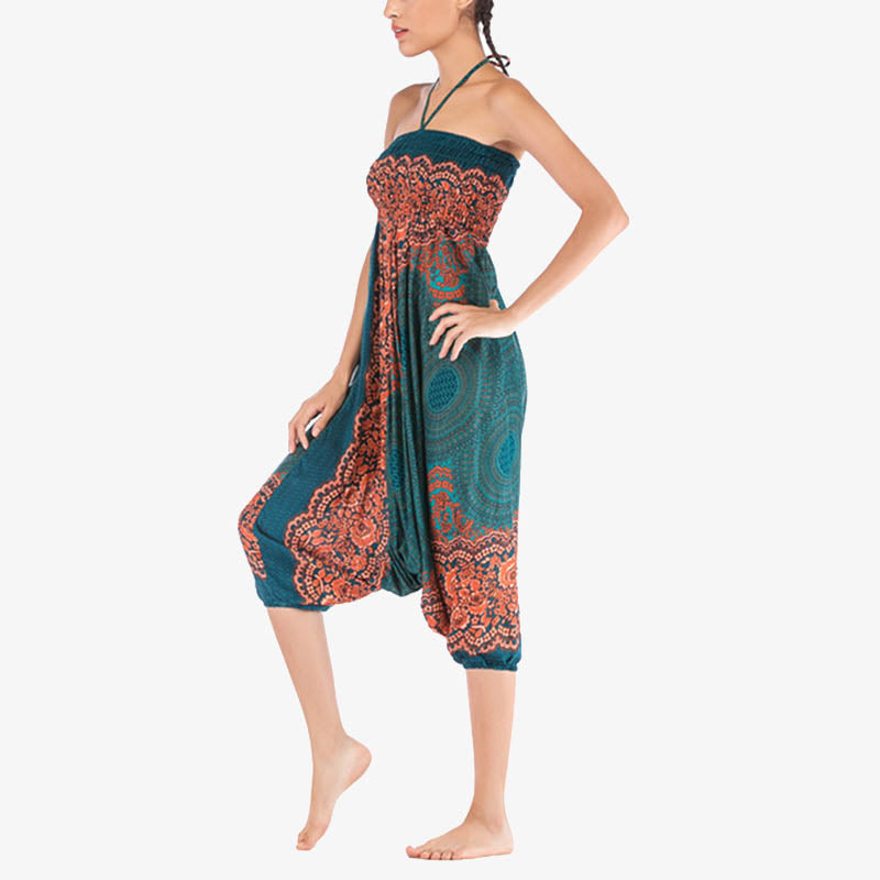 Buddha Stones Two Style Wear Round Geometric Pattern Loose Smocked Harem Trousers Jumpsuit High Waist Women's Yoga Pants Harem Pants&Bodysuit BS 25