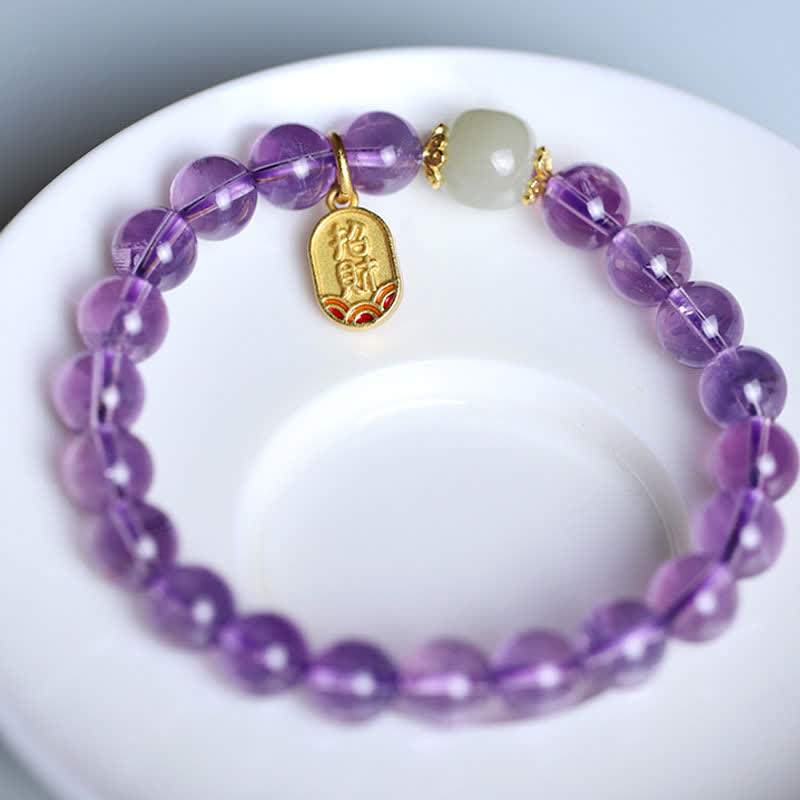 Buddha Stones Natural Amethyst Crystal Hetian Jade Healing Charm Bracelet Bracelet BS 13