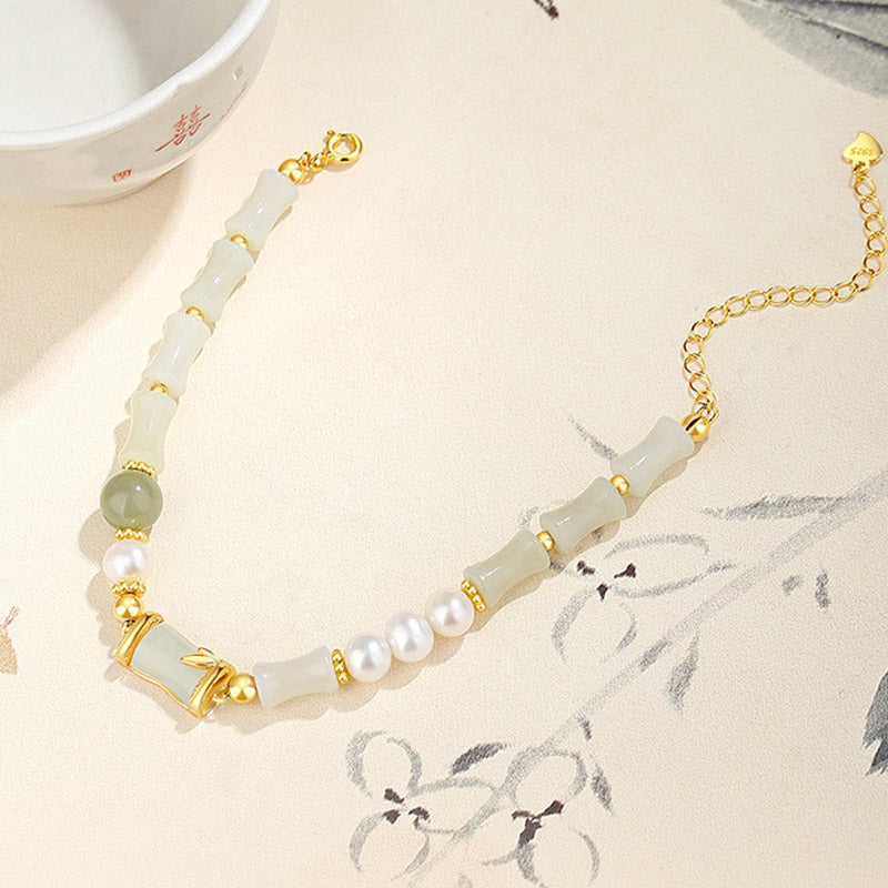 Buddha Stones 925 Sterling Silver Natural Hetian White Jade Bamboo Luck Blessing Bracelet Bracelet BS 4