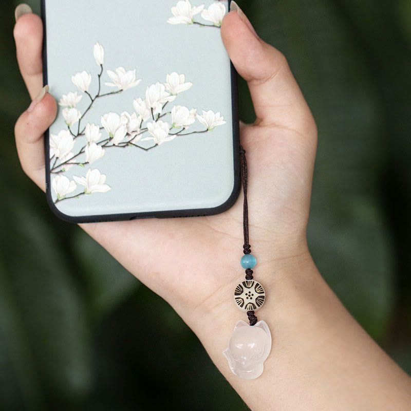 Buddha Stones Natural Chalcedony Fox Harmony Phone Hanging Decoration Phone Hanging Decoration BS 6