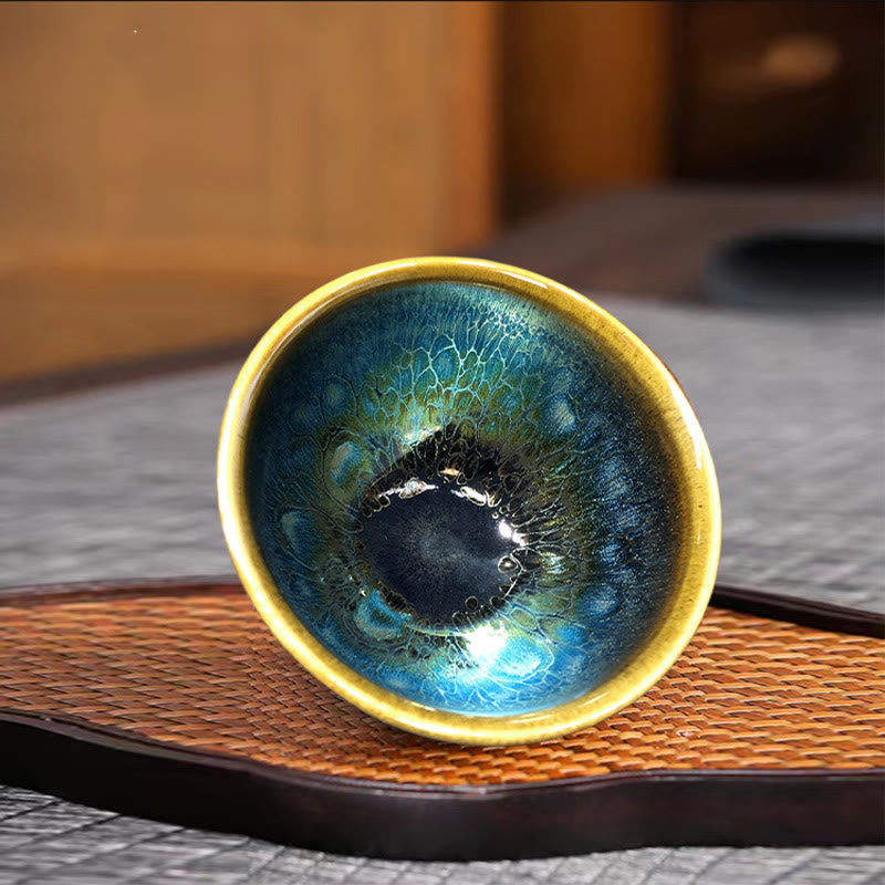 Buddha Stones Vintage Handmade Chinese Jianzhan Blue Colorful Glaze Ceramic Teacup Ceramic Kung Fu Tea Cup Jian Zhan Tea Cup BS 1