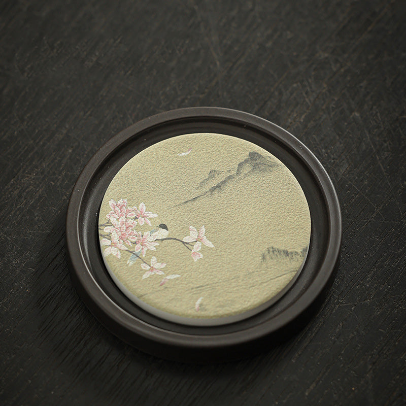 Buddha Stones Plum Blossom Peach Heart Sutra Loquat Magnolia Persimmon Ceramic Cup Mat Pad Coaster Kung Fu Tea Mat Cup Mat BS Magnolia 7.9*1cm
