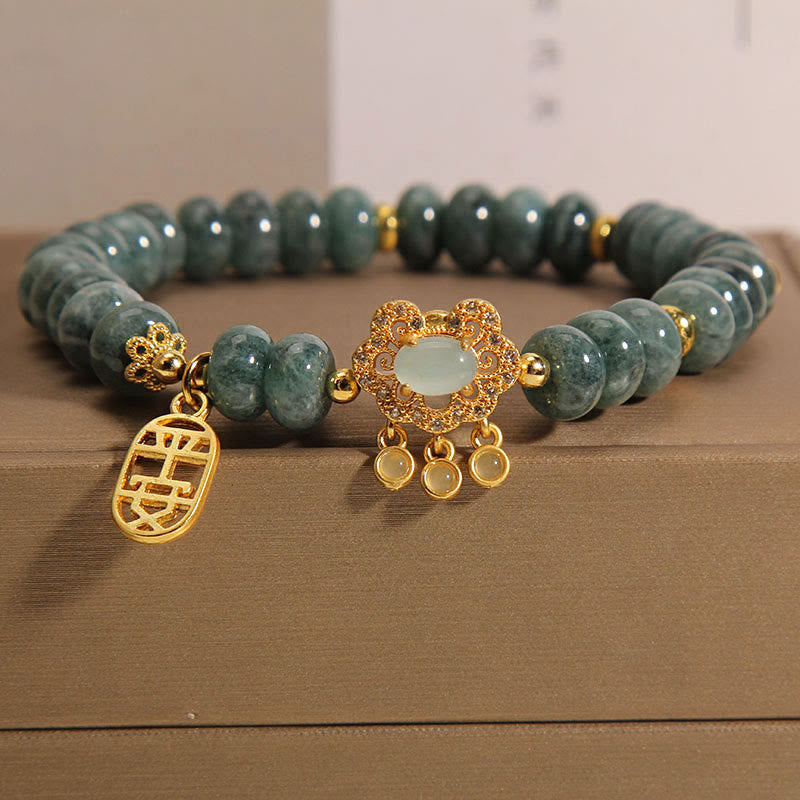 Buddha Stones Natural Jade Chinese Lock Charm Peace Luck Abundance Bracelet Bracelet BS Jade(Prosperity♥Abundance)(Wrist Circumference 14-18cm)