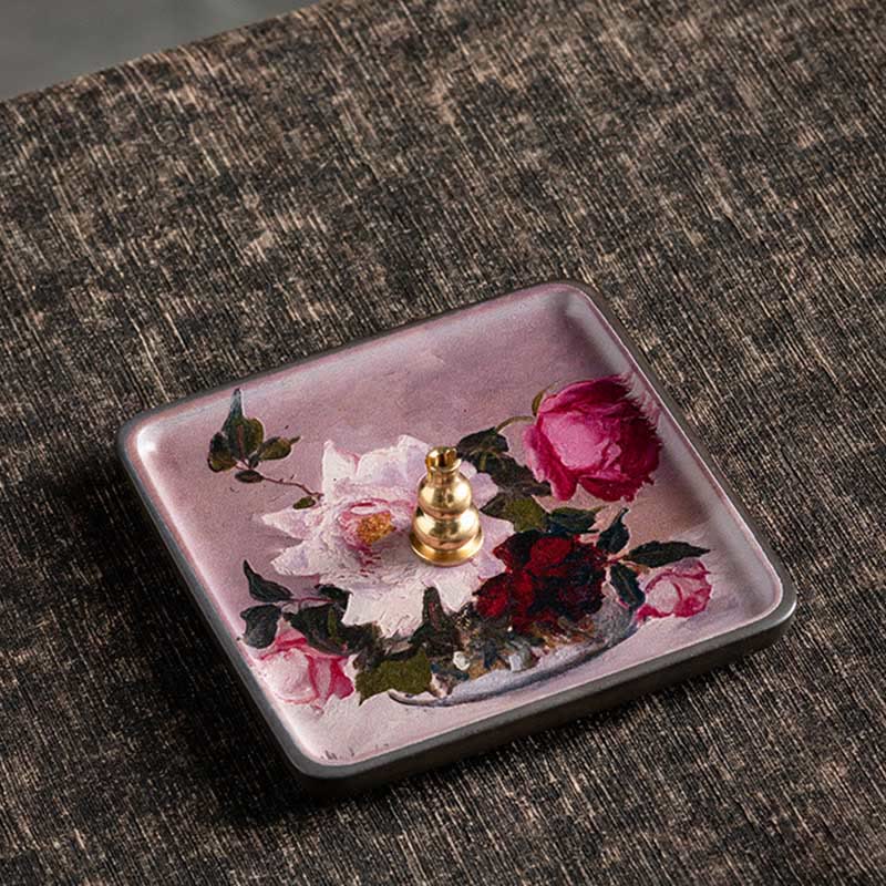 Buddha Stones Mountain Lake Flower Leaf Healing Ceramic Plate Tray Stick Incense Burner Decoration Incense Burner BS Rose 10.2*10.2*1.2cm