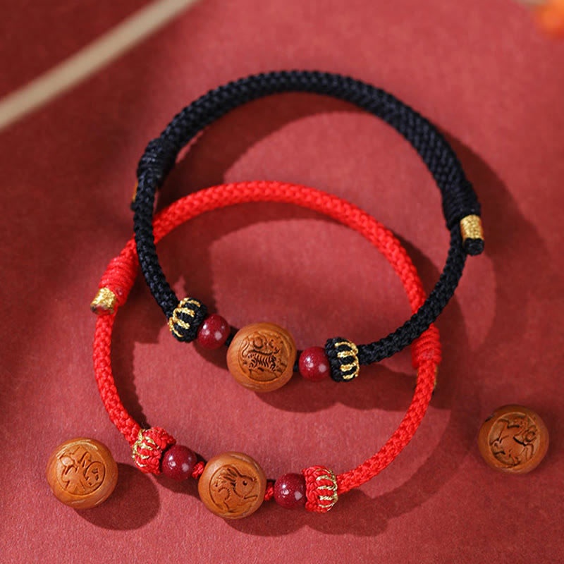 Buddha Stones Natural Peach Wood Chinese Zodiac Fu Character Carved Cinnabar Wealth Bracelet Bracelet BS main