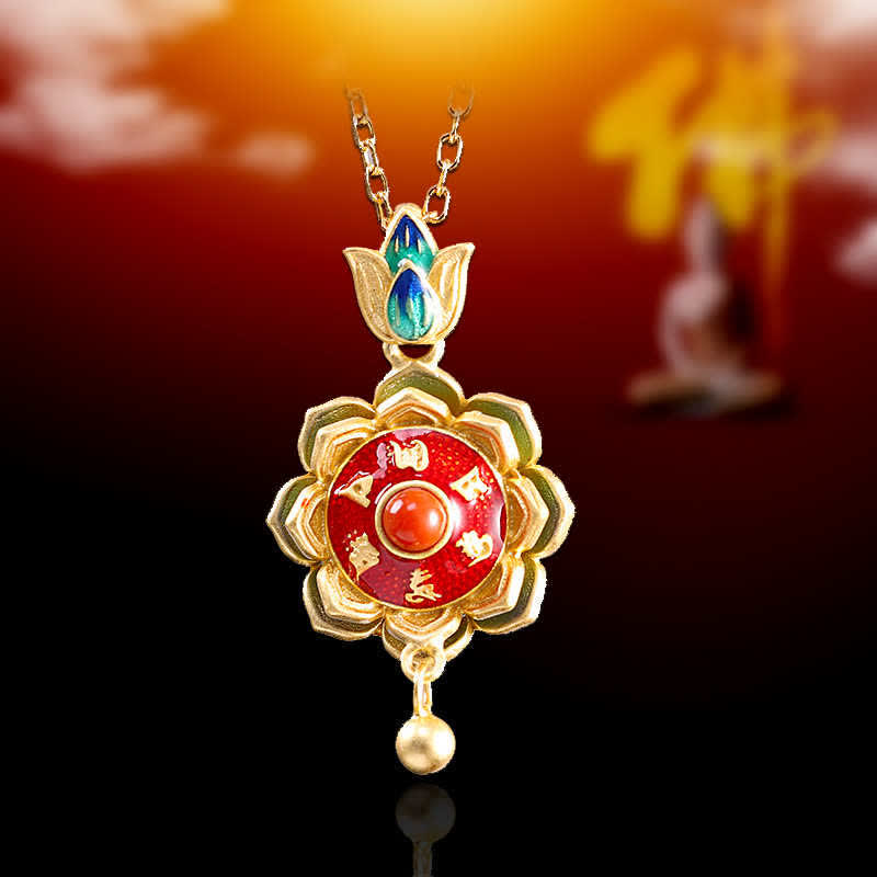 Buddha Stones 925 Sterling Silver Tibet Lotus Prayer Wheel Red Agate Enlightenment Necklace Pendant Necklaces & Pendants BS 1