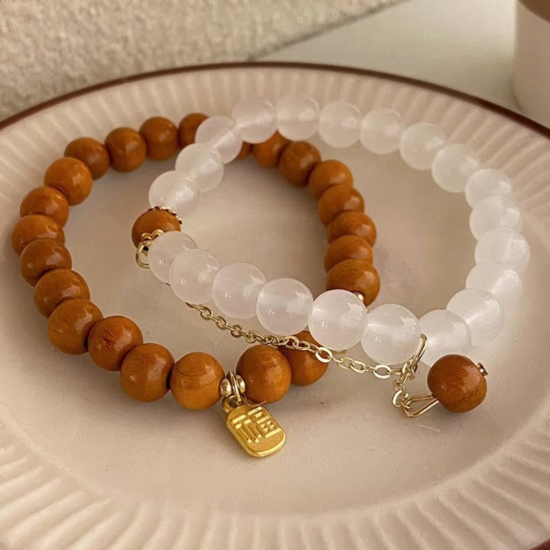 Buddha Stones Sandalwood Cat's Eye Fu Character Charm Protection Bracelet Bracelet BS 1