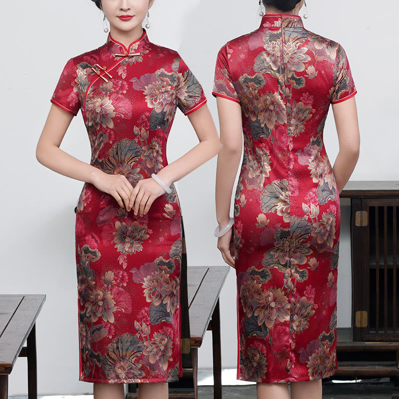 Buddha Stones Retro Flower Lotus Peony Feather Print Qipao Dress Women's Cheongsam Dress - Wine Red Lotus - US16,UK/AU20,EU48 (5XL) - image 14