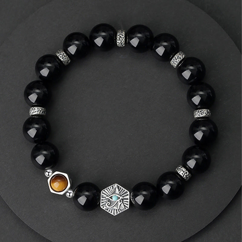 Foviel 925 Sterling Silver Black Obsidian Tiger Eye Eye of Providence Purification Bracelet