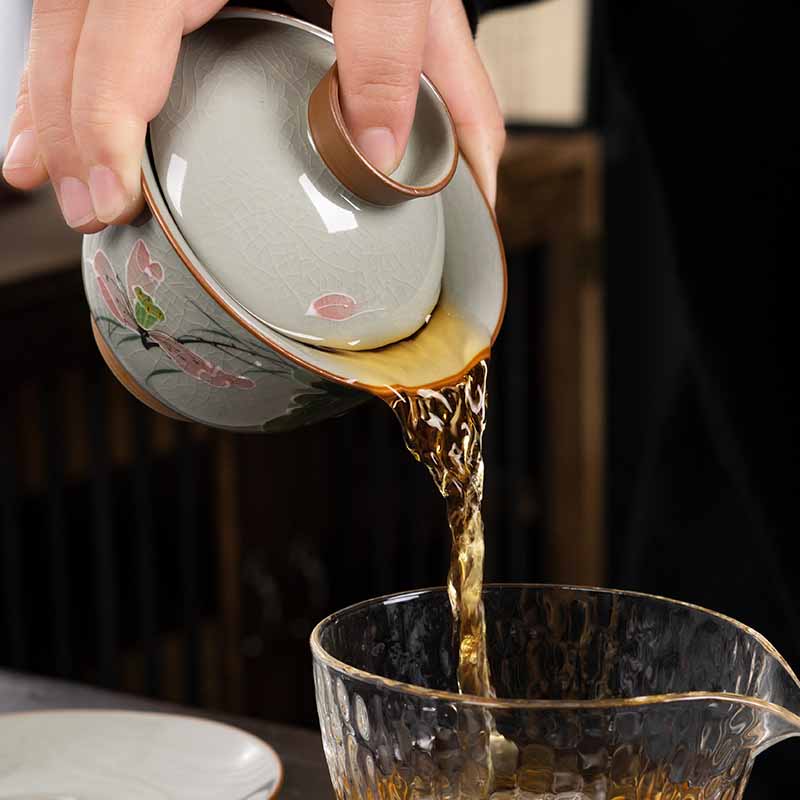 Buddha Stones Lotus Koi Fish Pod Leaf Ceramic Gaiwan Sancai Teacup Kung Fu Tea Cup And Saucer With Lid 140ml Cup BS 15
