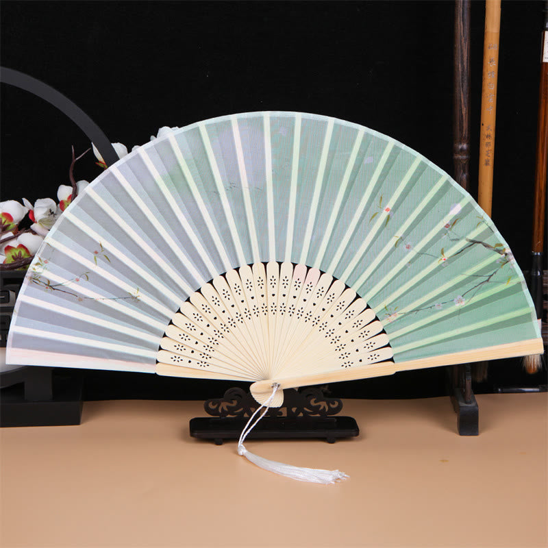 Buddha Stones Classic Birds Singing Flowers Handheld Bamboo Folding Fan Folding Fan BS Green Flower Branch