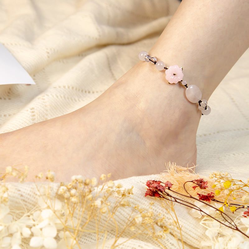 Buddha Stones The Flower of Love Pink Crystal Soothing Anklet Anklet BS 3
