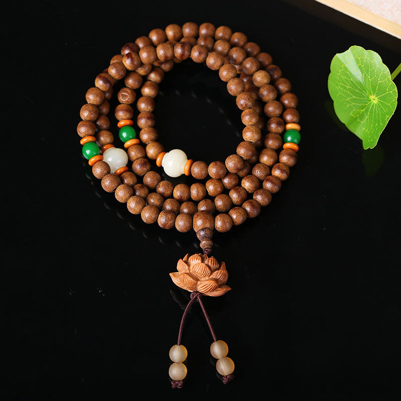 Buddha Stones 108 Mala Beads Peach Wood Bodhi Seed Lotus Prayer Meditation Bracelet Mala Bracelet BS 3