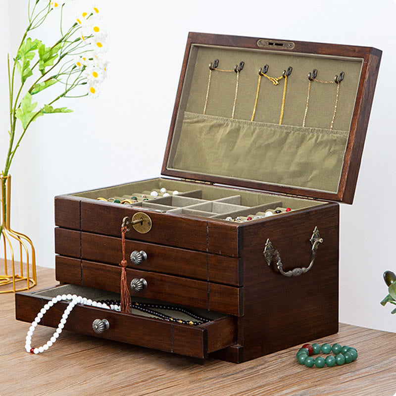 Buddha Stones Retro Solid Wood Jewelry Box Four-Layer Wooden Jewelry Storage Box Jewelry Box BS 8