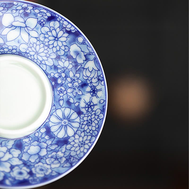 Buddha Stones Vintage Blue And White Porcelain Ceramic Gaiwan Sancai Teacup Kung Fu Tea Cup And Saucer With Lid Cup BS 7