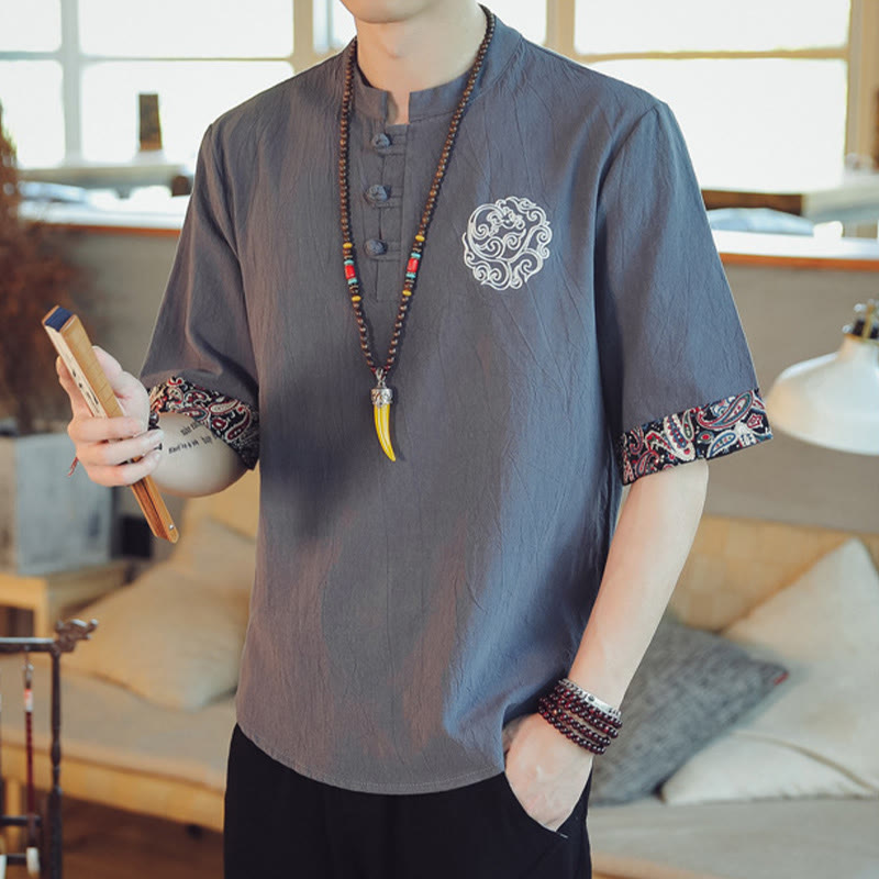 Buddha Stones Frog-Button Dragon Embroidery Chinese Tang Suit Short Sleeve Shirt Linen Men Clothing Men's Shirts BS 4