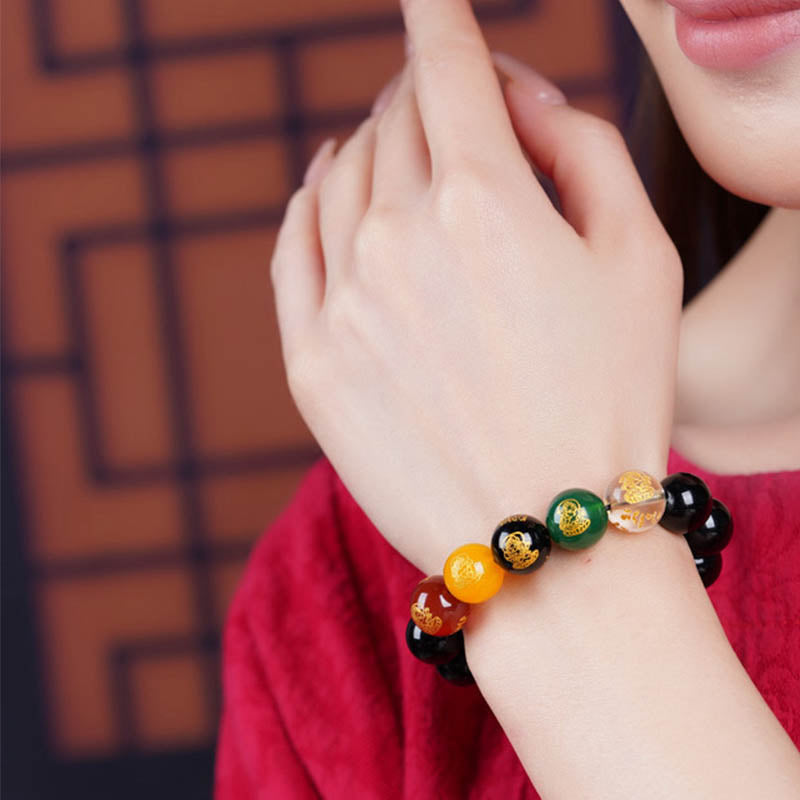 Buddha Stones Gold Sheen Obsidian Rainbow Obsidian Black Obsidian Five Directions Gods of Wealth Bracelet Bracelet BS 12