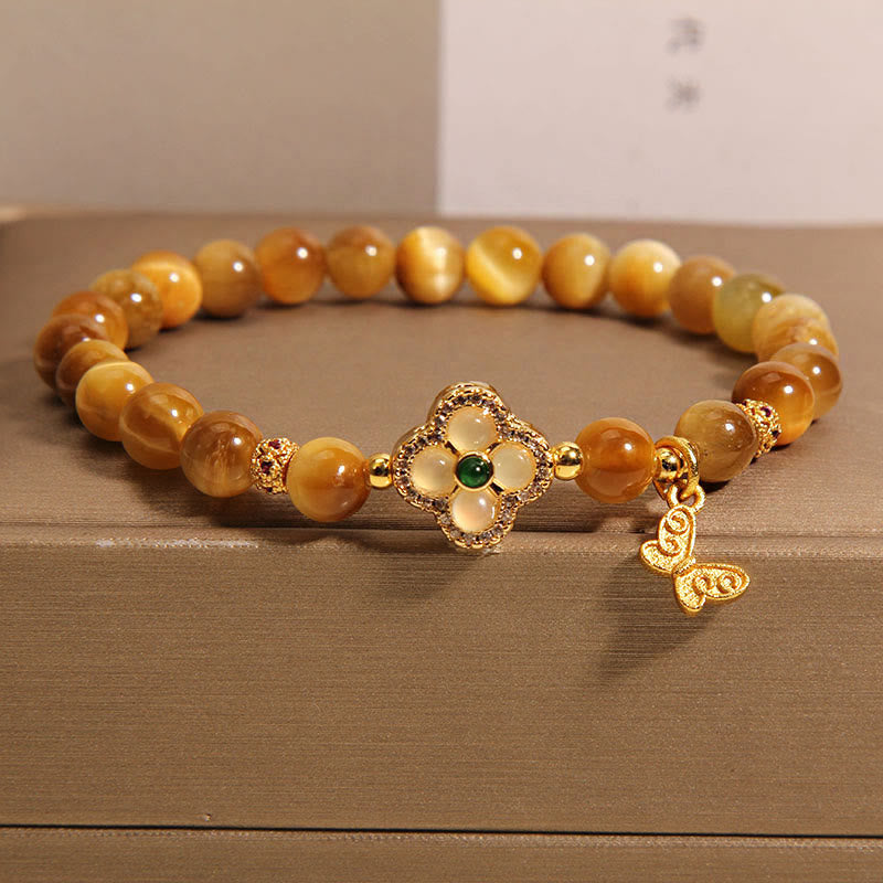 Buddha Stones Tiger Eye Four Leaf Clover Butterfly Protection Bracelet Bracelet BS Tiger Eye(Wrist Circumference 14-16cm)
