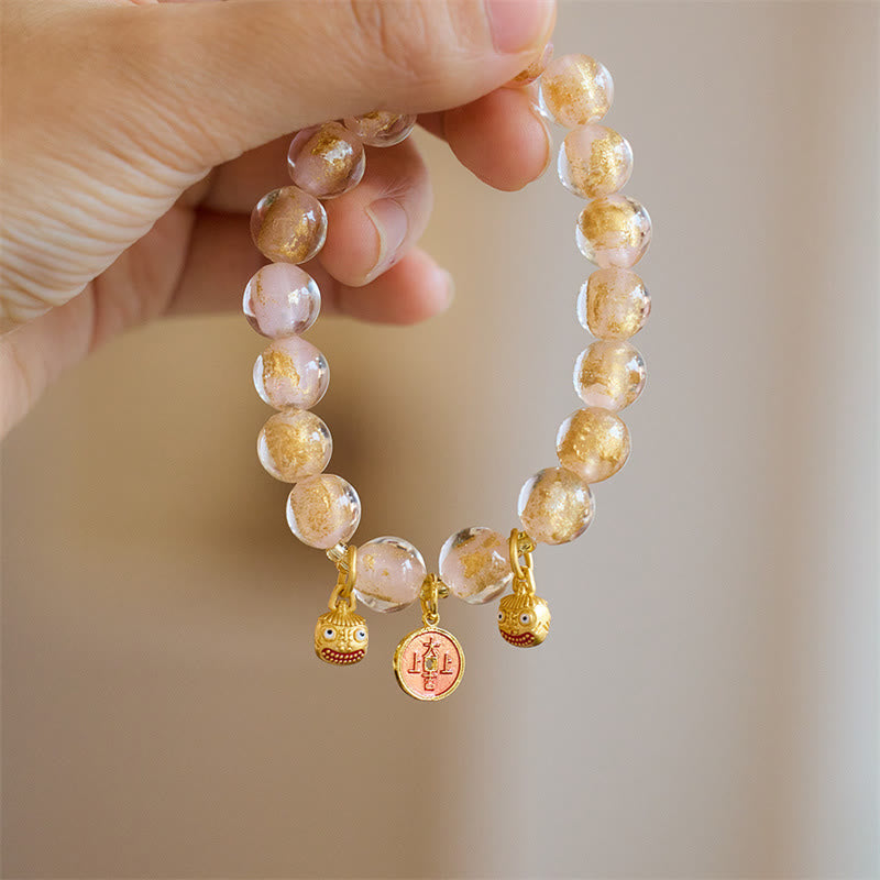 Buddha Stones Gold Swallowing Beast Copper Coin Good Luck Charm Liuli Glass Bead Fortune Bracelet Bracelet BS 4