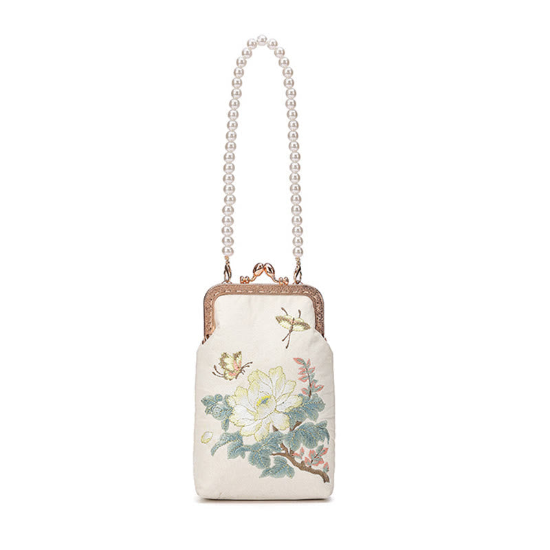 Buddha Stones Small Flowers Butterfly Embroidered Pearl Metal Chain Shoulder Bag Crossbody Handbag Cellphone Bag Crossbody Bag BS 11