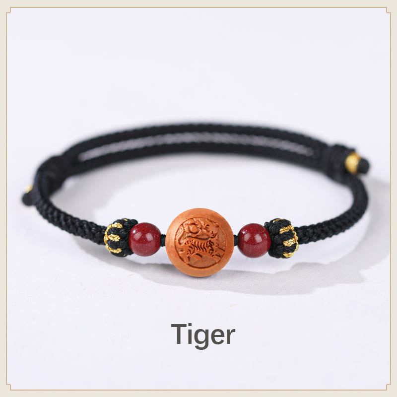 Buddha Stones Natural Peach Wood Chinese Zodiac Fu Character Carved Cinnabar Wealth Bracelet Bracelet BS Tiger-Black(Wrist Circumference 14-22cm)