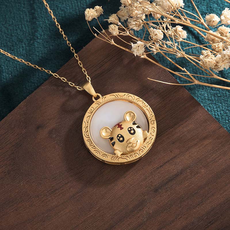 Buddha Stones White Jade Year of the Tiger Blessing Necklace Necklaces & Pendants BS 1