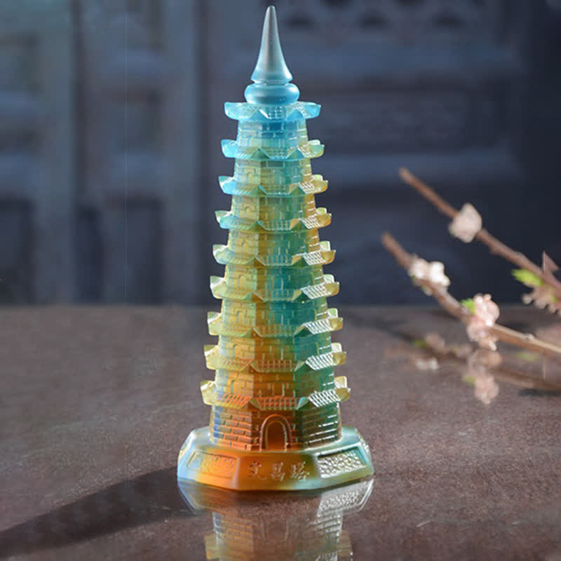 Buddha Stones Feng Shui Wenchang Tower Handmade Liuli Crystal Pagoda Art Piece Luck Home Office Decoration Decorations BS 7