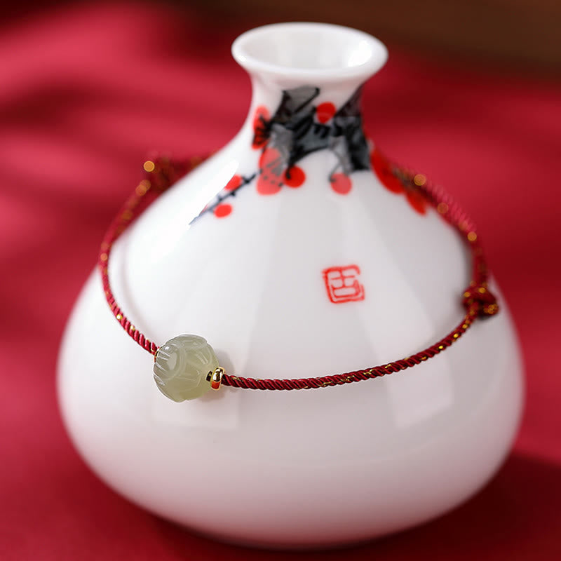 Buddha Stones 925 Sterling Silver Plated Gold Hetian Jade Lotus Luck Red String Bracelet Bracelet BS Large Jade Lotus 7*10mm(Bracelet Size 22cm)