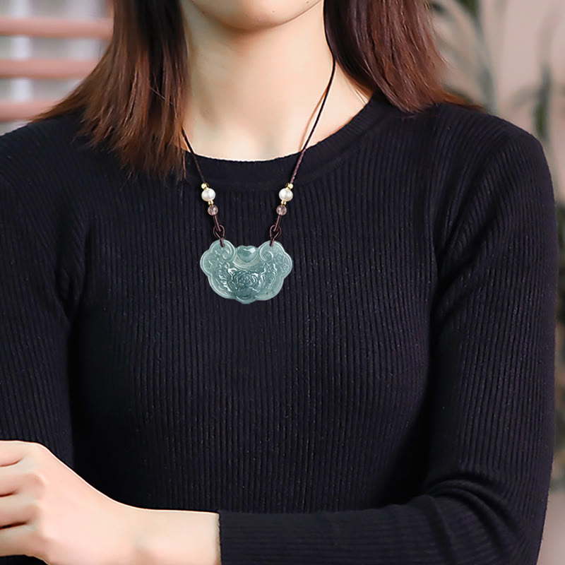 Buddha Stones Natural Jade Peony Flower Lock of Good Wishes Prosperity Necklace Pendant Necklaces & Pendants BS 9