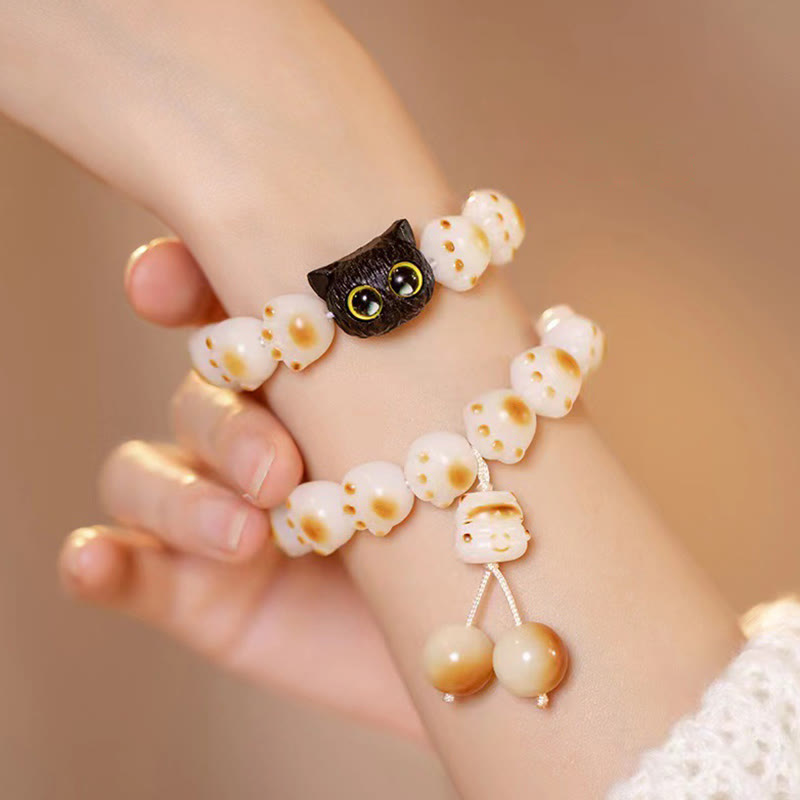 Buddha Stones Natural Bodhi Seed Red Sandalwood Lovely Paw Lucky Cat Peace Bracelet Bracelet BS 2