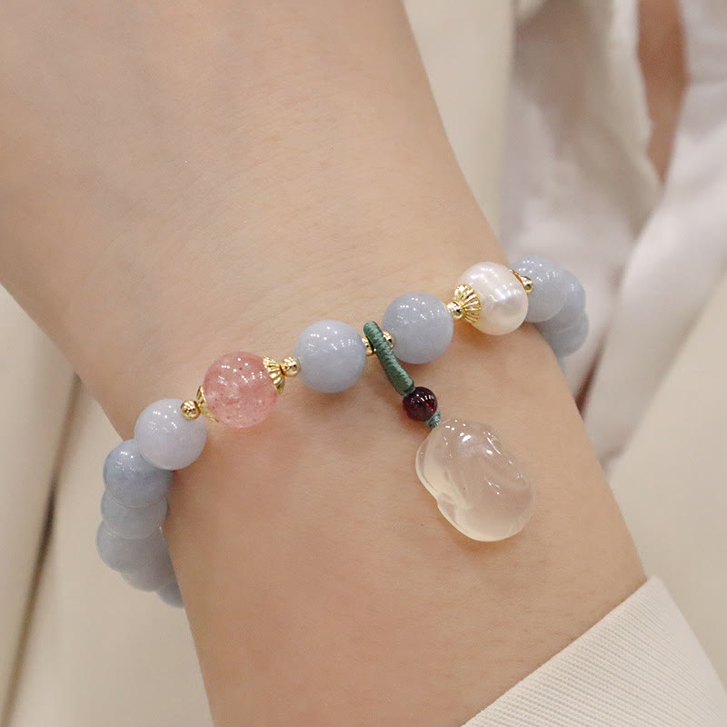 Buddha Stones Natural Aquamarine Chalcedony Serenity Rabbit Gourd Cat Charm Bracelet Bracelet BS Aquamarine Chalcedony Rabbit