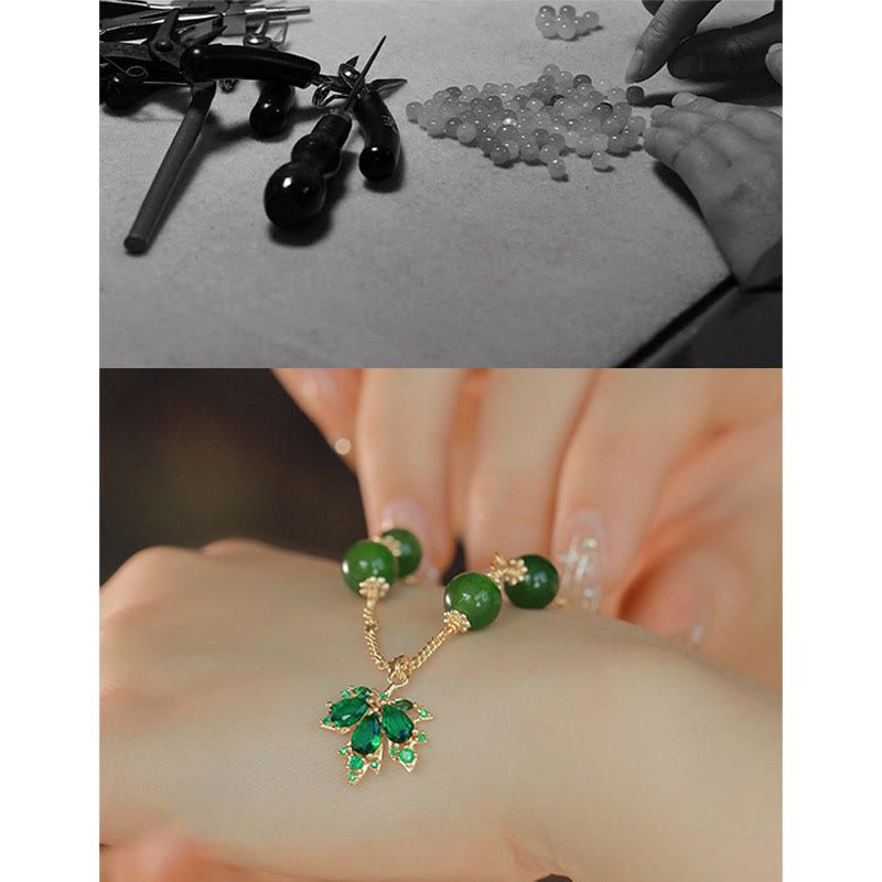 Buddha Stones 14k Gold Plated Green Chalcedony Maple Leaf Courage Strength Bracelet Bracelet BS 11
