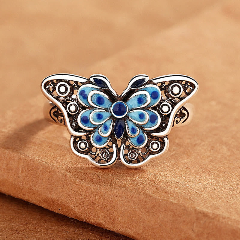 Buddha Stones Hollow Enamel Blue Butterfly Pattern Love Ring Ring BS 1