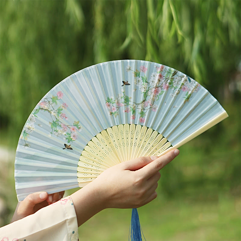 Buddha Stones Classic Birds Singing Flowers Handheld Bamboo Folding Fan Folding Fan BS 4