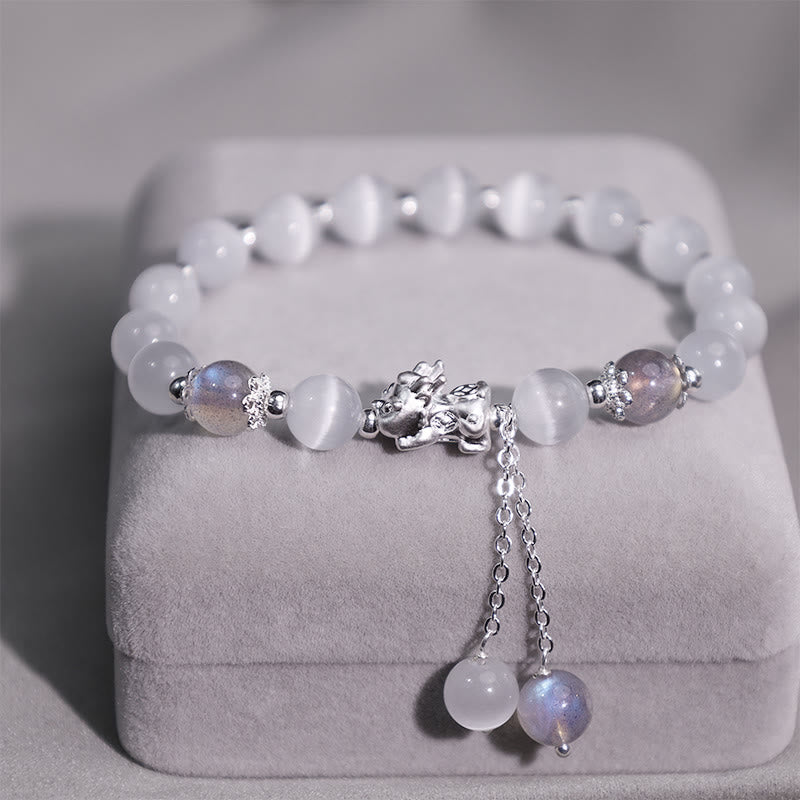 Buddha Stones Natural Cat's Eye Moonstone Strawberry Quartz PiXiu Support Bracelet Bracelet BS 3