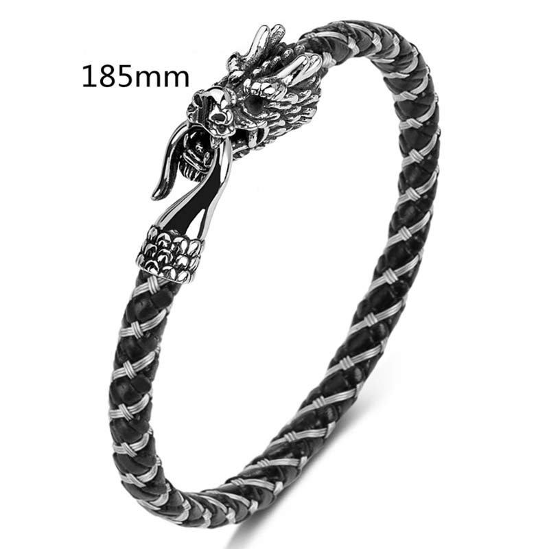 Buddha Stones Dragon Titanium Steel Protection Luck Bracelet Bracelet BS Silver&Black 185mm